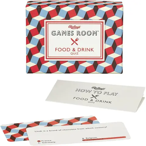 Food and drink trivia game set with patterned box and quiz cards displayed