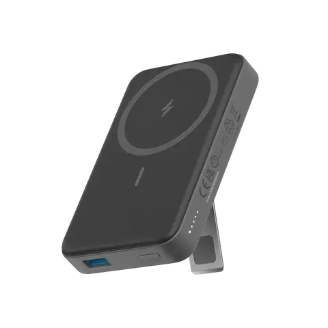 Black magnetic wireless power bank with built-in stand and USB port