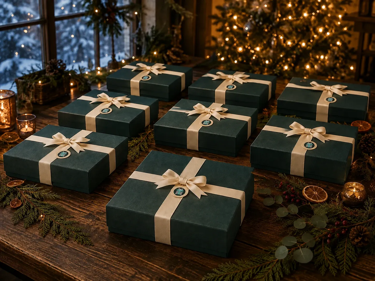 Eight deep-teal presentation boxes wrapped in ivory ribbon among evergreen branches and warm holiday lights.
