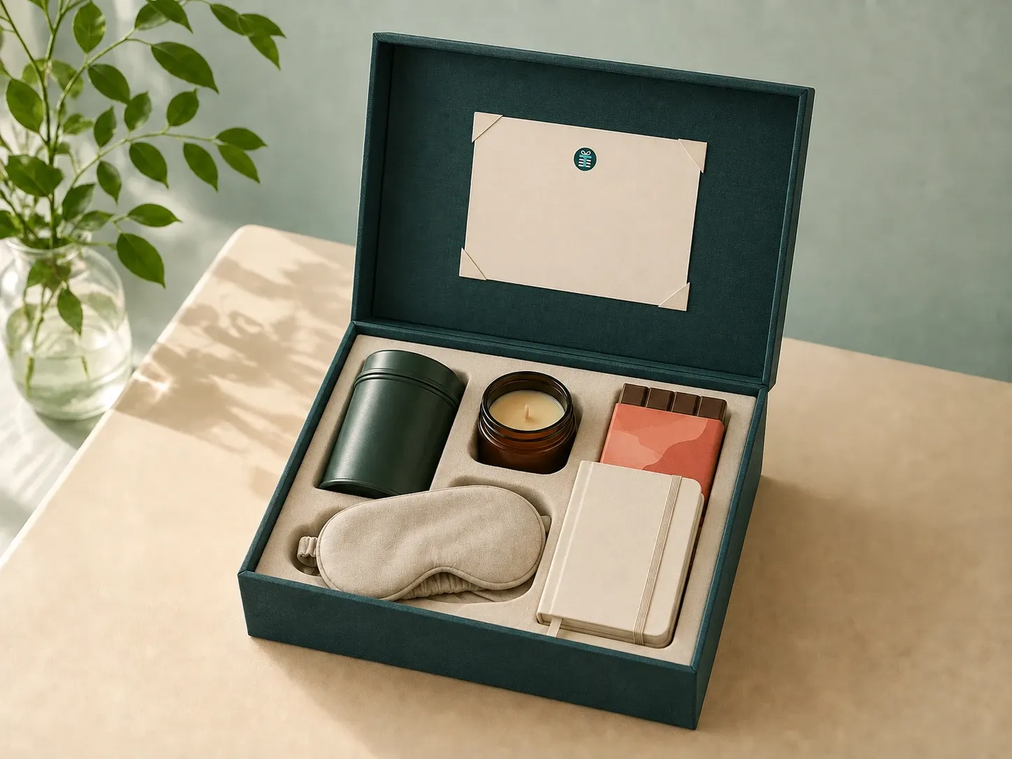 An open Thankscrate with herbal tea, dark chocolate, an eye mask, a candle, a gratitude journal, and a branded message card.