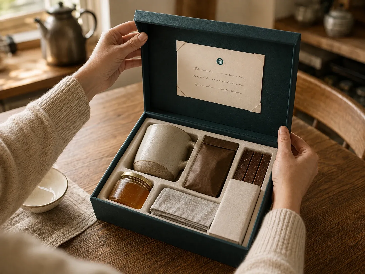 A person opening a deep-teal presentation box with a stoneware mug, coffee, honey, chocolate biscotti, a linen napkin, and a branded message card.