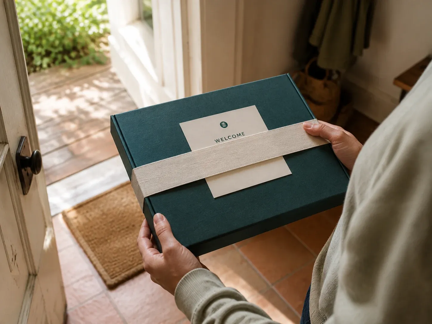 A person carrying a deep-teal presentation box inside through an open front door, with a small branded welcome card tucked under an ivory band.