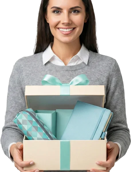Smiling woman holds an open beige gift box with turquoise ribbon, containing a turquoise notebook, geometric pouch, and mug, against a black background.