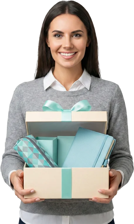 Smiling woman holds an open beige gift box with turquoise ribbon, containing a turquoise notebook, geometric pouch, and mug, against a black background.